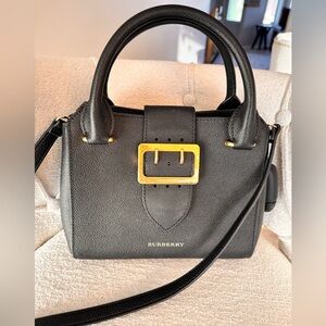 Authentic Burberry Black Leather Top-Handle Bag with Gold Buckle